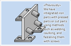 <Previously> We have integrated iron parts with pressed parts or cut parts using methods such as welding, caulking, and fastening them with screws. 