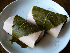 A rice cake filled with sweet bean paste and wrapped in a pickled cherry leaf,katori-city,japan